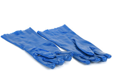 Pair of the blue rubber gloves, isolated on white background