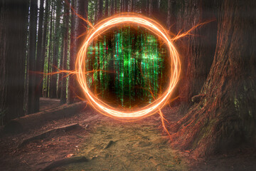 Magical portal between forest and green computer code reality - obrazy, fototapety, plakaty