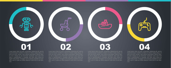 Set line Robot toy, Baby stroller, Toy boat and Gamepad. Business infographic template. Vector