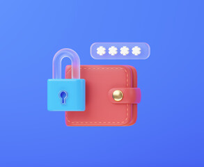Wallet with lock and password bar. Secured payments and internet banking concept. 3d rendering.
