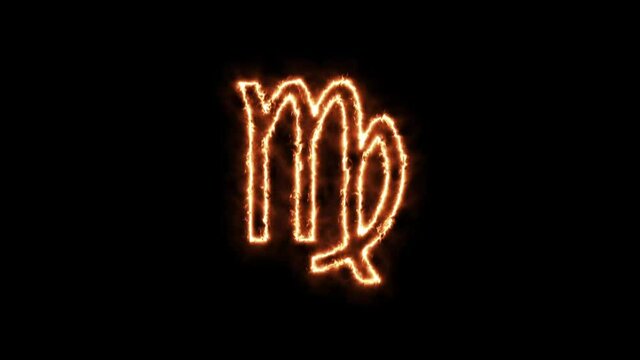 Zodiac signs Virgo on fire. Animation on a black background letters 4K video is burning in a flame.
