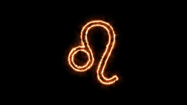 Zodiac signs Leo on fire. Animation on a black background letters 4K video is burning in a flame.
