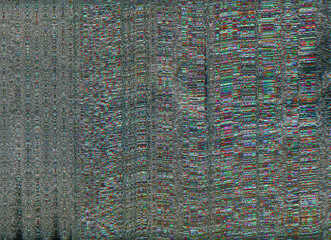 Glitch overlay. Color pixel noise. VHS tape distortion. Transmission error. Dark pink green grain lines static defect abstract background.