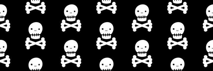 Black and white doodle style skulls and bones vector horizontal seamless pattern background for Halloween design.

