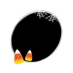 Vector oval frame, card template, background with couple of cartoon style candy corn characters and spider webs for halloween design.