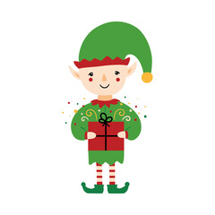 Cute christmas elf character in green costume holding gift, present vector cartoon style illustration.