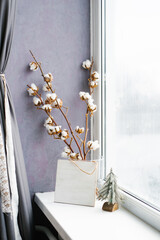 Cotton branches in a vase at the window. Christmas decor in the house. Cozy New Year and winter