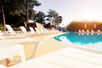Beautiful warm blue big swimming pool.
