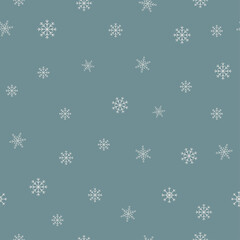 Naklejka na ściany i meble Winter blue background with snowflakes seamless pattern. White snowflakes on blue background. Vector snowflakes scattered pattern.