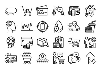 Vector set of Search package, Web call and Messenger line icons set. Calendar report, Money wallet and Credit card tag. Engineering, Positive feedback and Internet shopping icons. Vector
