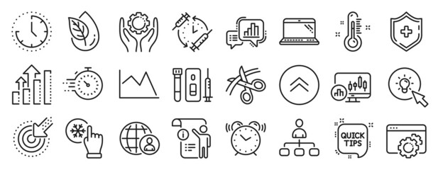 Set of Science icons, such as Blood and saliva test, Organic product, Freezing click icons. Time, Scissors, Thermometer signs. Candlestick chart, Energy, Manual doc. Targeting, Quick tips. Vector