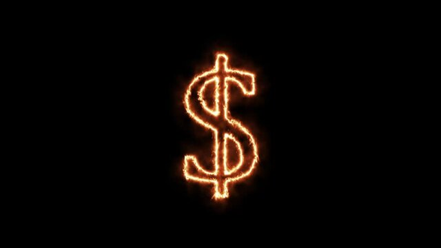 The dollar is on fire. Animation on a black background letters 4K video is burning in a flame.
