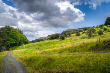 Country road, a trail, leading trough meadows to the forest on the hill of Glenariff Forest Park, County Antrim, Northern Ireland