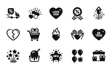 Vector set of New star, Surprise boxes and Discount medal icons simple set. Fireworks, Ice cream and Shopping trolley icons. Broken heart, Love gift and Be true signs. Vector