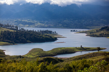 View of the biggest artificial lake in Colombia called Calima Lake located on the mountains of...