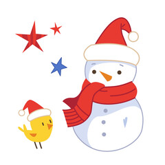 Cartoon snowman and chick bird in red Christmas santa hat. Christmas cute kids characters in fun flat style.