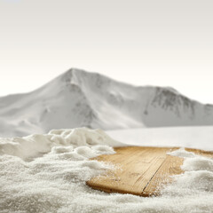 Desk of free space and winter landscape of mountains. 