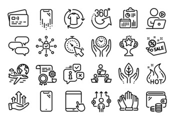 Vector set of Talk bubble, Smartphone and Growth chart line icons set. Calendar report, Money wallet and Credit card tag. Timer, Business way and Hot sale icons. Vector