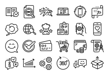 Vector set of Smartphone target, 360 degrees and Approved documentation line icons set. Calendar report, Money wallet and Credit card tag. Seo file, Best chef and Target path icons. Vector
