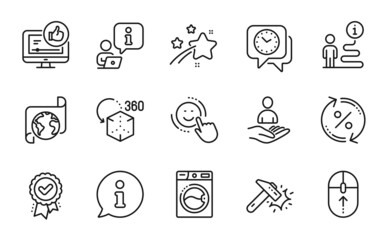 Technology icons set. Included icon as Augmented reality, Swipe up, Approved award signs. Clock, Recruitment, Like video symbols. Translation service, Washing machine, Loan percent. Smile. Vector