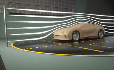 Prototype sports car. 3D illustration of imaginary sports car. Conceptual prototype inside aerodynamic tunnel. - obrazy, fototapety, plakaty