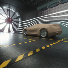 Prototype sports car. 3D illustration of imaginary sports car. Conceptual prototype inside aerodynamic tunnel.