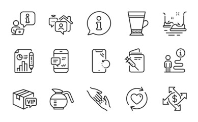 Line icons set. Included icon as Update relationships, Latte, Helping hand signs. Work home, Vaccination passport, Smartphone recovery symbols. Coffeepot, Smartphone notification. Vector
