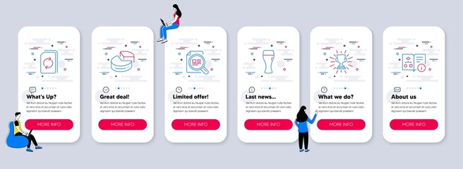 Set of line icons, such as Trophy, Beer glass, Update document icons. UI phone app screens with teamwork. Check article, Pie chart, Technical algorithm line symbols. Vector