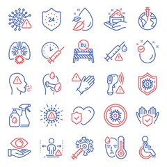 Medical icons set. Included icon as Eu close borders, Electronic thermometer, Coronavirus signs. Coronavirus protection, Use gloves, Disabled symbols. Life insurance, Fever, Insurance hand. Vector