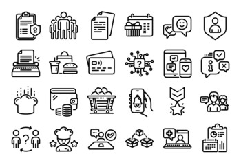 Vector set of Smile, Winner medal and Artificial intelligence line icons set. Calendar report, Money wallet and Credit card tag. People talking, Job interview and Documents icons. Vector