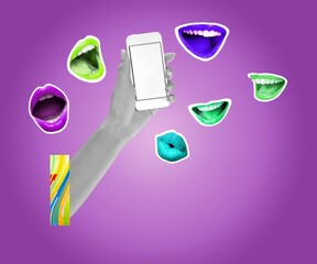 Conference call. Contemporary art collage of discolored human hand holding phone and mouth around