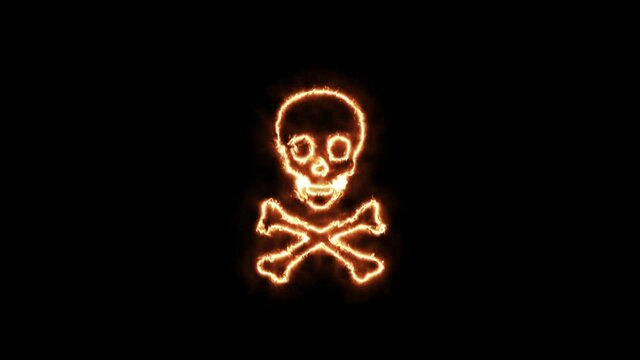 Animated skull and bones sign on fire. Animation on a black background letters 4K video is burning in a flame.

