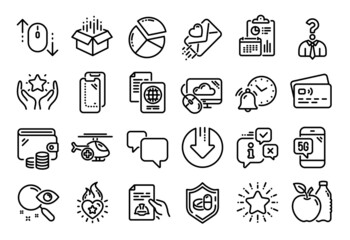 Vector set of Love letter, Alarm clock and 5g phone line icons set. Calendar report, Money wallet and Credit card tag. Search, Speech bubble and Download arrow icons. Vector