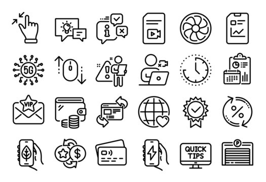 Vector set of Search employee, Refresh website and Video file line icons set. Calendar report, Money wallet and Credit card tag. Loyalty points, Video conference and Vip mail icons. Vector