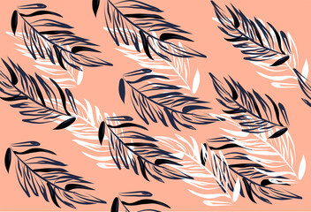 Botanical seamless pattern. Pictures for printing on fabric. Design mockups for summer and spring tshirts. Hand drawn line art leaves. Cartoon flat vector illustration isolated on orange background