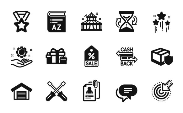 Vector set of Circus, Targeting and Sale coupon icons simple set. Hourglass, Text message and Screwdriverl icons. Holiday presents, Interview documents and Cashback card signs. Vector