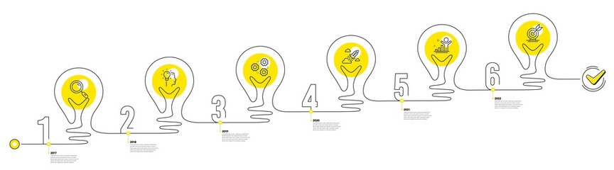 Business Infographic timeline with 6 steps. Lightbulb journey path infographics. Workflow process diagram with Research Idea, Working, Startup rocket and Goal target line icons. Vector