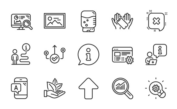 Technology icons set. Included icon as Photo, Water cooler, Correct way signs. Data analysis, Reject, Smartphone holding symbols. Organic product, Seo analytics, Ab testing. Innovation. Vector