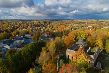 Fototapeta na wymiar Latvia, Rauna village from the golden autumn of a bird's eye view