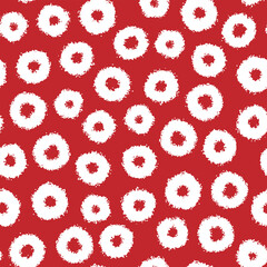 White ink fat round rings isolated on red background. Cute monochrome geometric seamless pattern. Vector simple flat graphic hand drawn illustration. Texture.