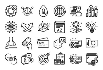 Vector set of Employee results, Seo idea and Augmented reality line icons set. Calendar report, Money wallet and Credit card tag. Cogwheel, Vocabulary and No alcohol icons. Vector