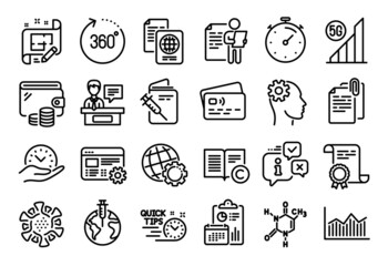 Vector set of Job interview, Safe time and 360 degrees line icons set. Calendar report, Money wallet and Credit card tag. Engineering, Document attachment and Money diagram icons. Vector