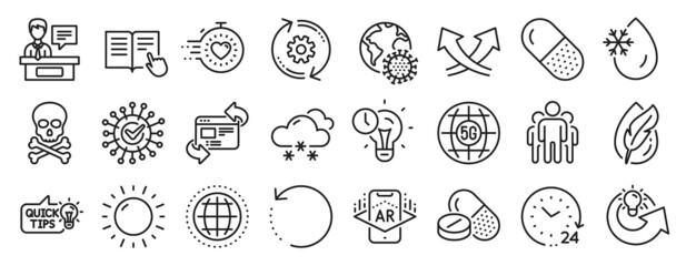 Set of Science icons, such as 5g internet, Capsule pill, Freezing water icons. Coronavirus pandemic, Share idea, Read instruction signs. Group, Augmented reality, Intersection arrows. Vector