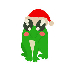 Cute cartoon frog of green color with christmas hat on its head. Vector illustration isolated on white background. Image can be used as design element part of festive decoration for clothing websites