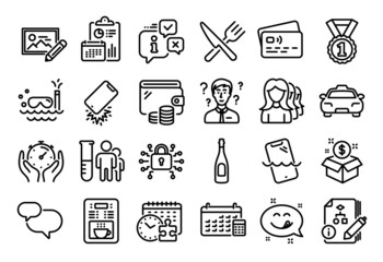 Vector set of Taxi, Coffee maker and Yummy smile line icons set. Calendar report, Money wallet and Credit card tag. Calendar, Timer and Scuba diving icons. Vector