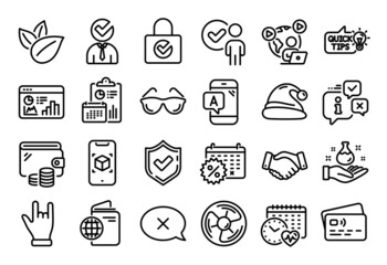 Vector set of Calendar discounts, Air fan and Cardio calendar line icons set. Calendar report, Money wallet and Credit card tag. Eyeglasses, Confirmed and Reject icons. Vector