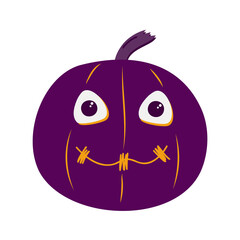 Funny purple pumpkin with a sewn-up mouth. Halloween character