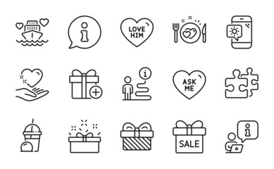 Holidays icons set. Included icon as Love him, Sale offer, Romantic dinner signs. Ice cream milkshake, Present box, Ask me symbols. Hold heart, Weather phone, Add gift. Puzzle, Gift. Vector