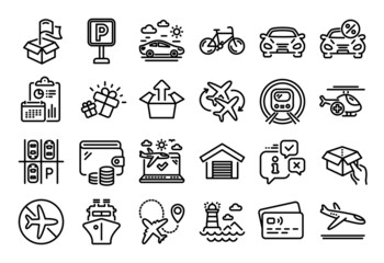 Vector set of Ship, Medical helicopter and Airplane travel line icons set. Calendar report, Money wallet and Credit card tag. Lighthouse, Bicycle and Car leasing icons. Vector