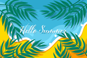 Fototapeta na wymiar Background with phrase hello summer with beach and small palm leaves.